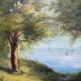 Tableau HSP XIX° Marine "Bord de mer arboré" signé Lucy + cadre