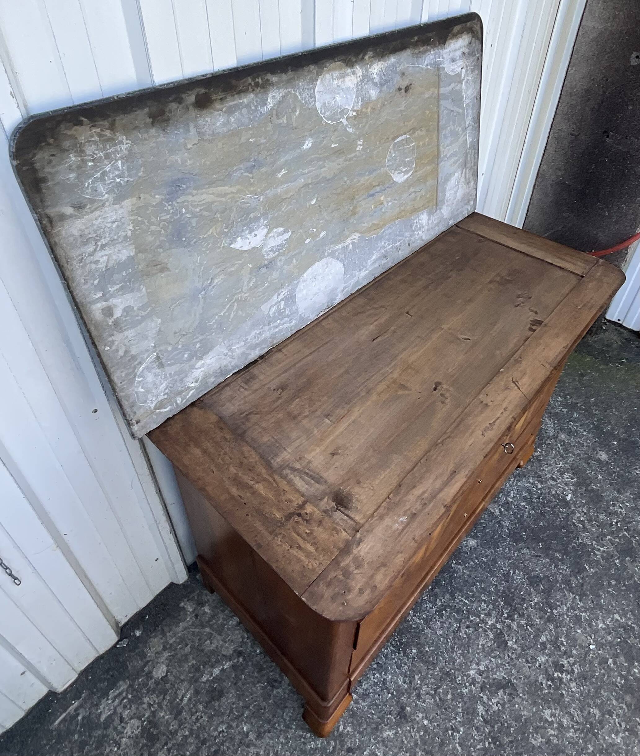 Louis-Philippe commode in burr walnut, Saint-Anne grey marble, mid-century