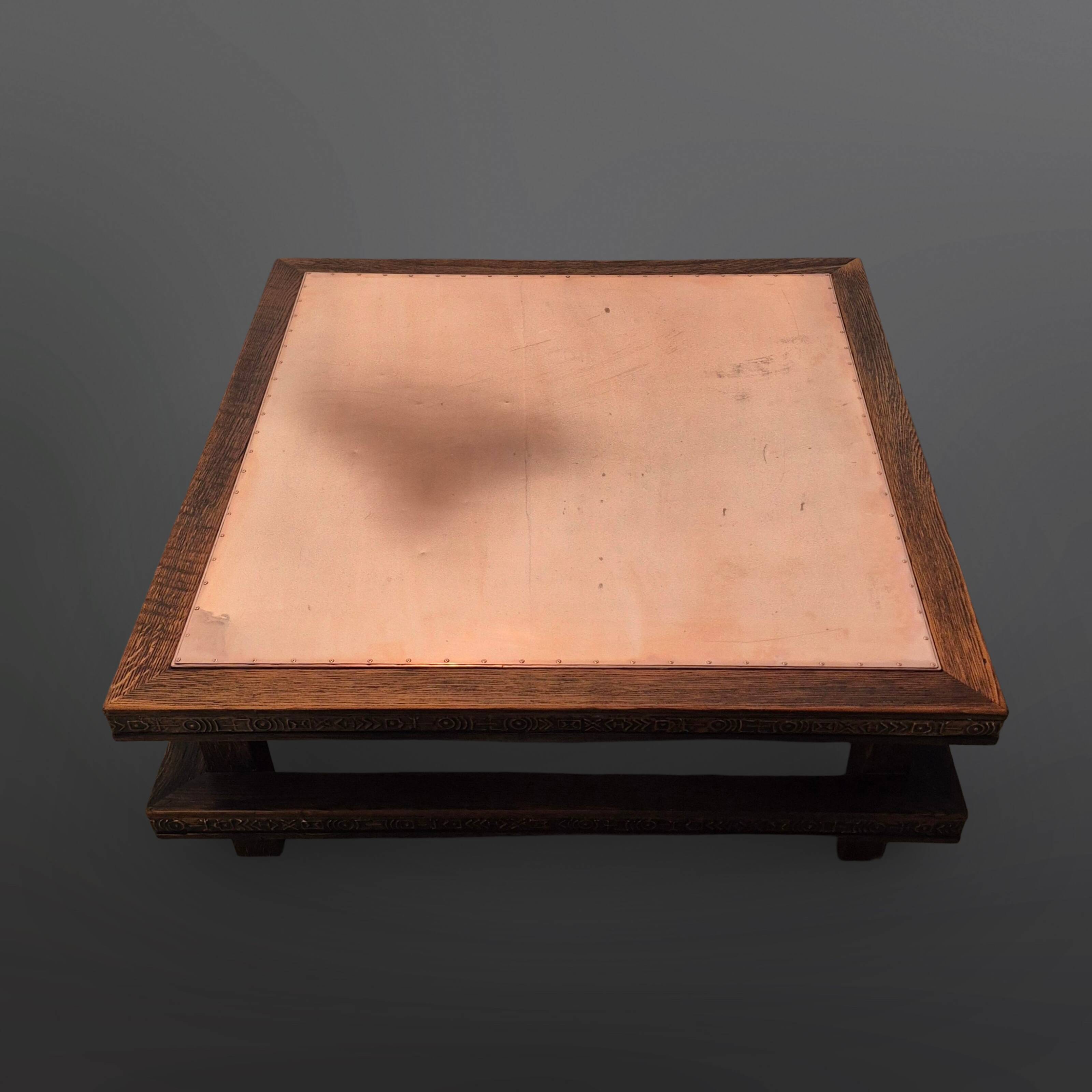Brutalist oak square coffee table with copper top, Netherlands 1950s