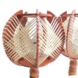 Portuguese mid century natutal wood straw organic material bedside table lamps 1960s SET of 2