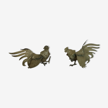 Pair of bronze fighting rooster