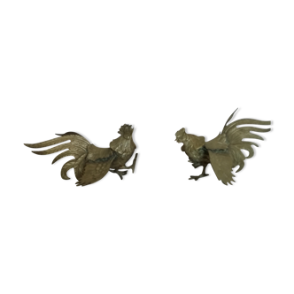 Pair of bronze fighting rooster