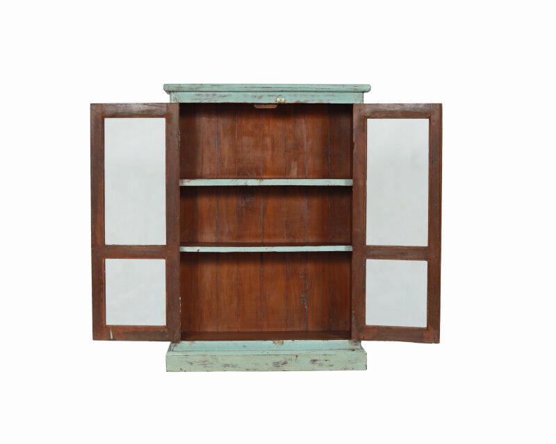 Vitrine murale vieux teck patine bleu piece d'origine inde