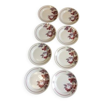 8 flat plates - cheese dessert - badonviller earthenware model "eternit" (cherries) - vintage