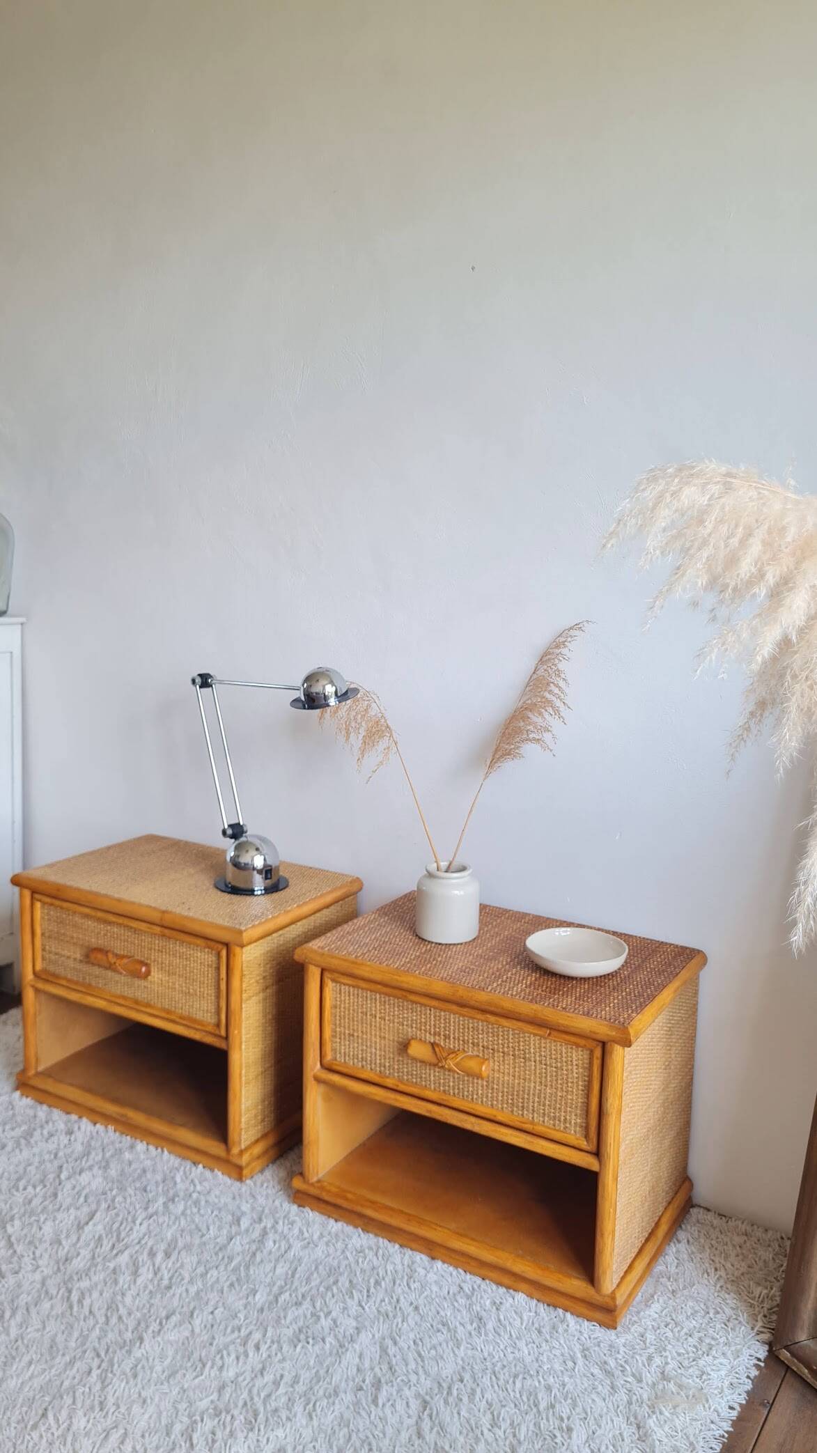 Pair of vintage rattan bedside tables from the 1970s.