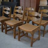 Set of 6 oak dining chairs with rush seat and 'Echelle' backrest in the style of Guillerme et Chambron 1950s