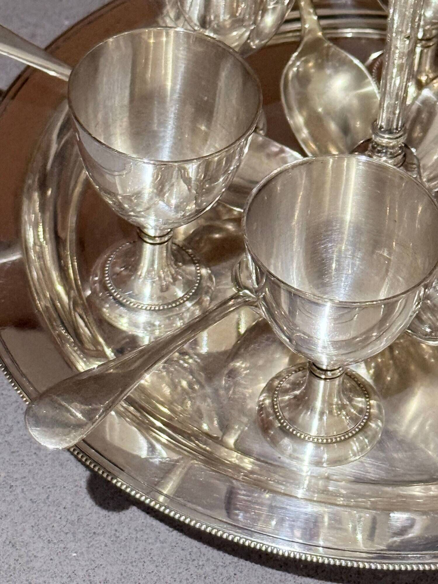 Antique Silver Egg Coddler Stand Holder Set Of 6 Egg Holder With 6 Silver Spoons