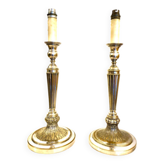 Pair of silver metal candle holder lamp bases