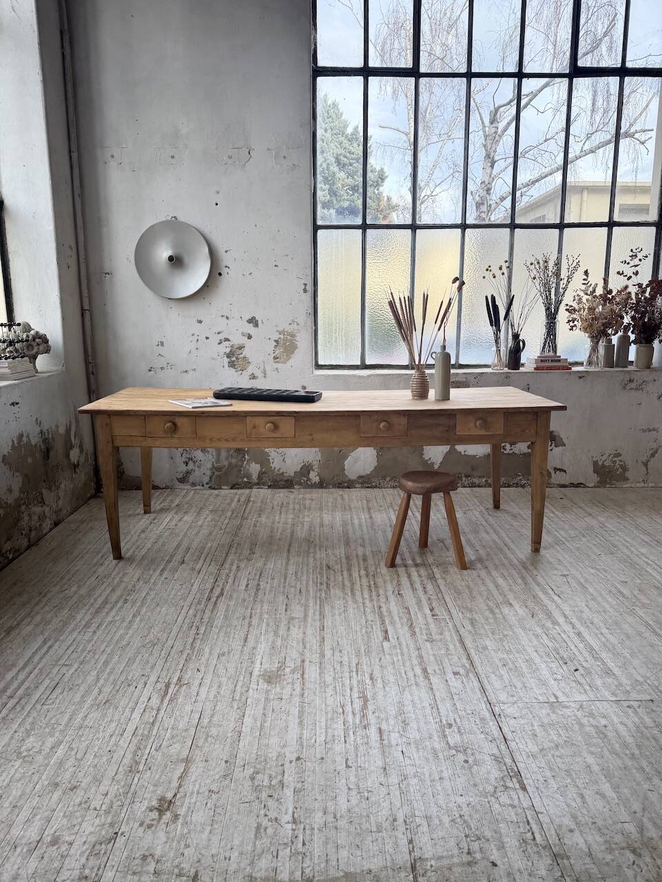 Pine and oak farmhouse table with multiple drawers, communal type, 240cm.