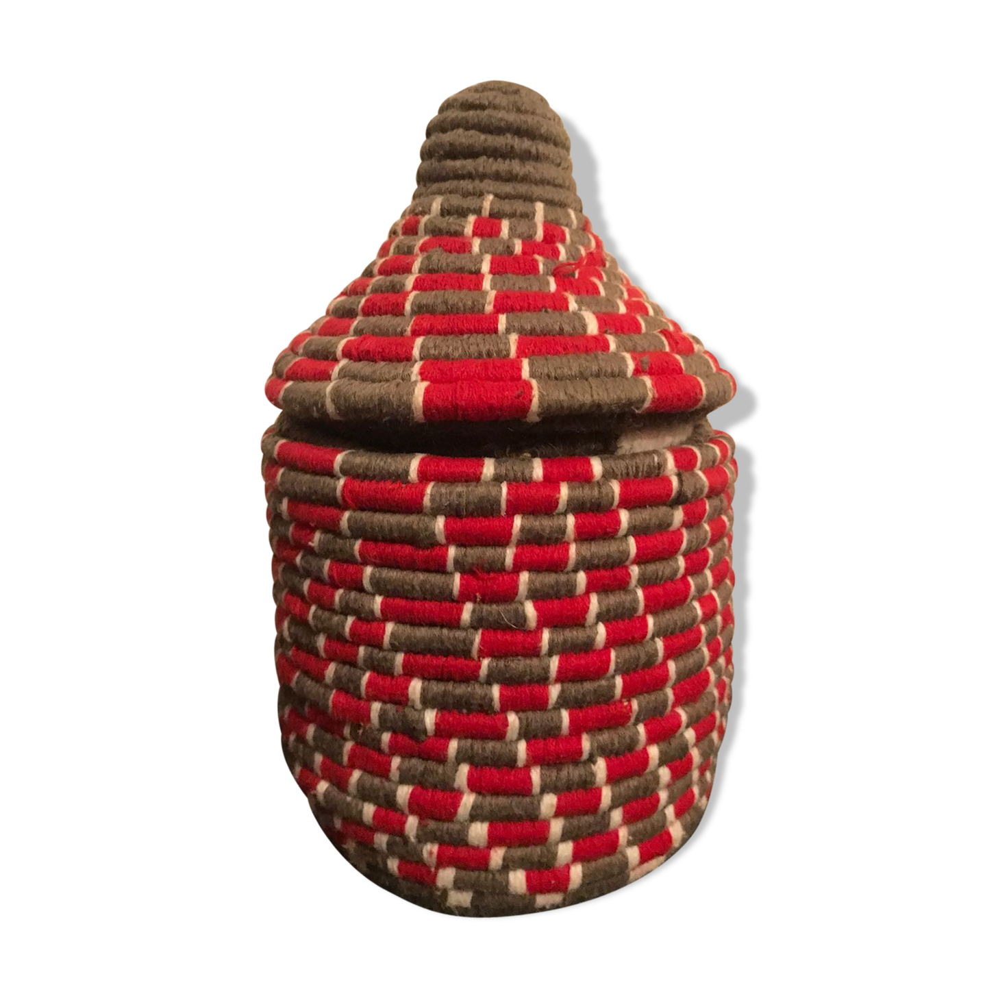 Berber wool and gray and Red raffia basket