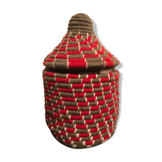 Panier Berbère en laine et raphia rouge et gris