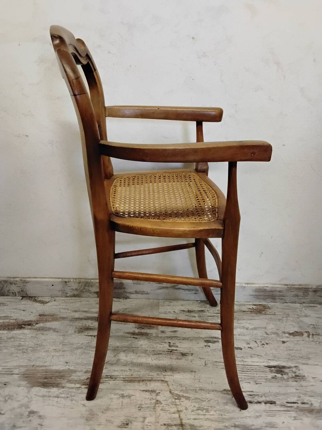 Children's high chair in wood and cane