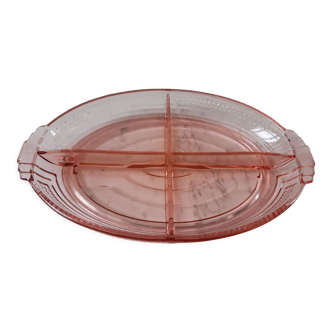 Plat en verre rose à compartiment art déco années 30-40