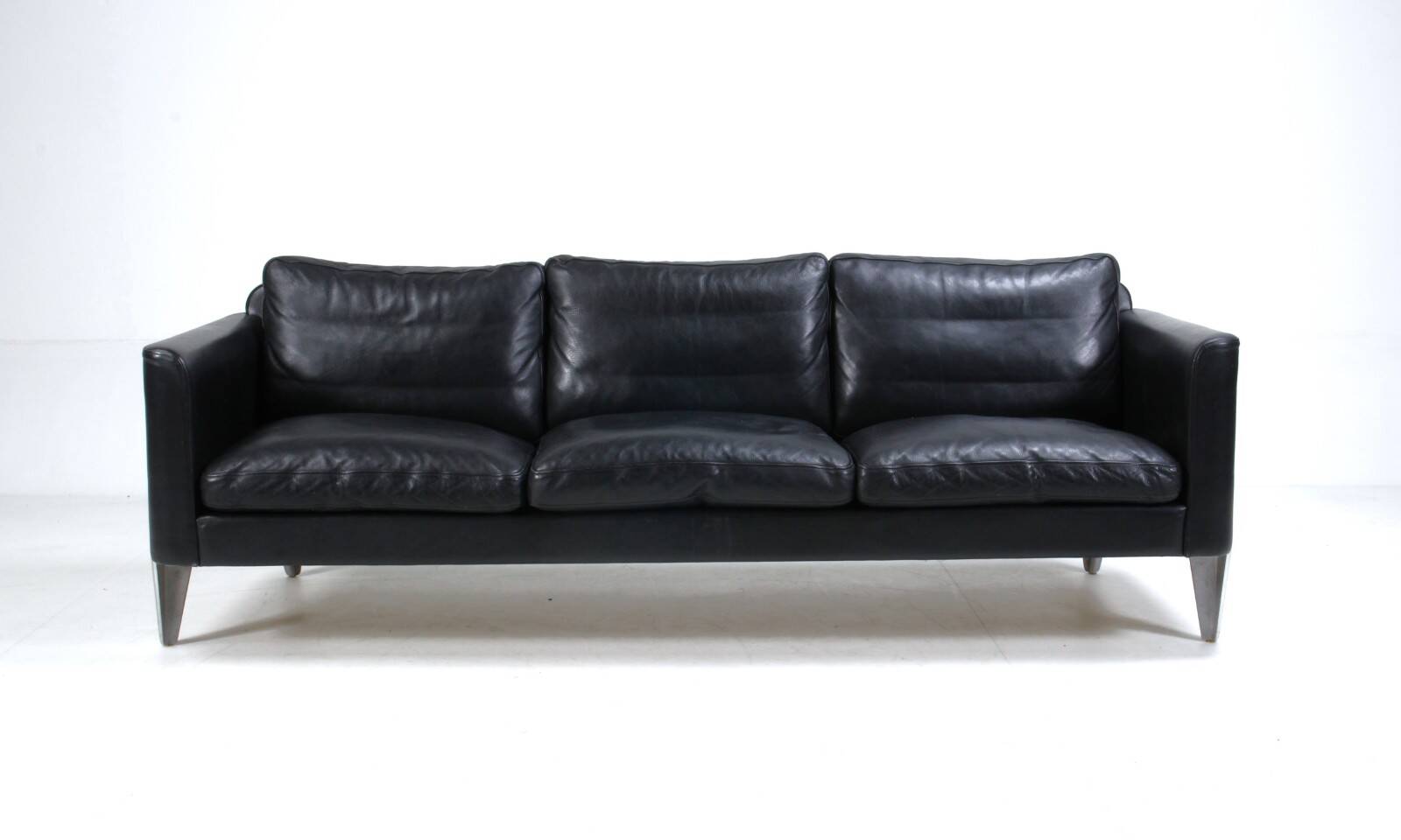 Vintage danish soren holst black leather 3 seater sofa with aluminium legs