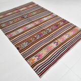 5x8 Kilim Colorful Striped Vintage Wool Kilim Rug, 160x232 Cm
