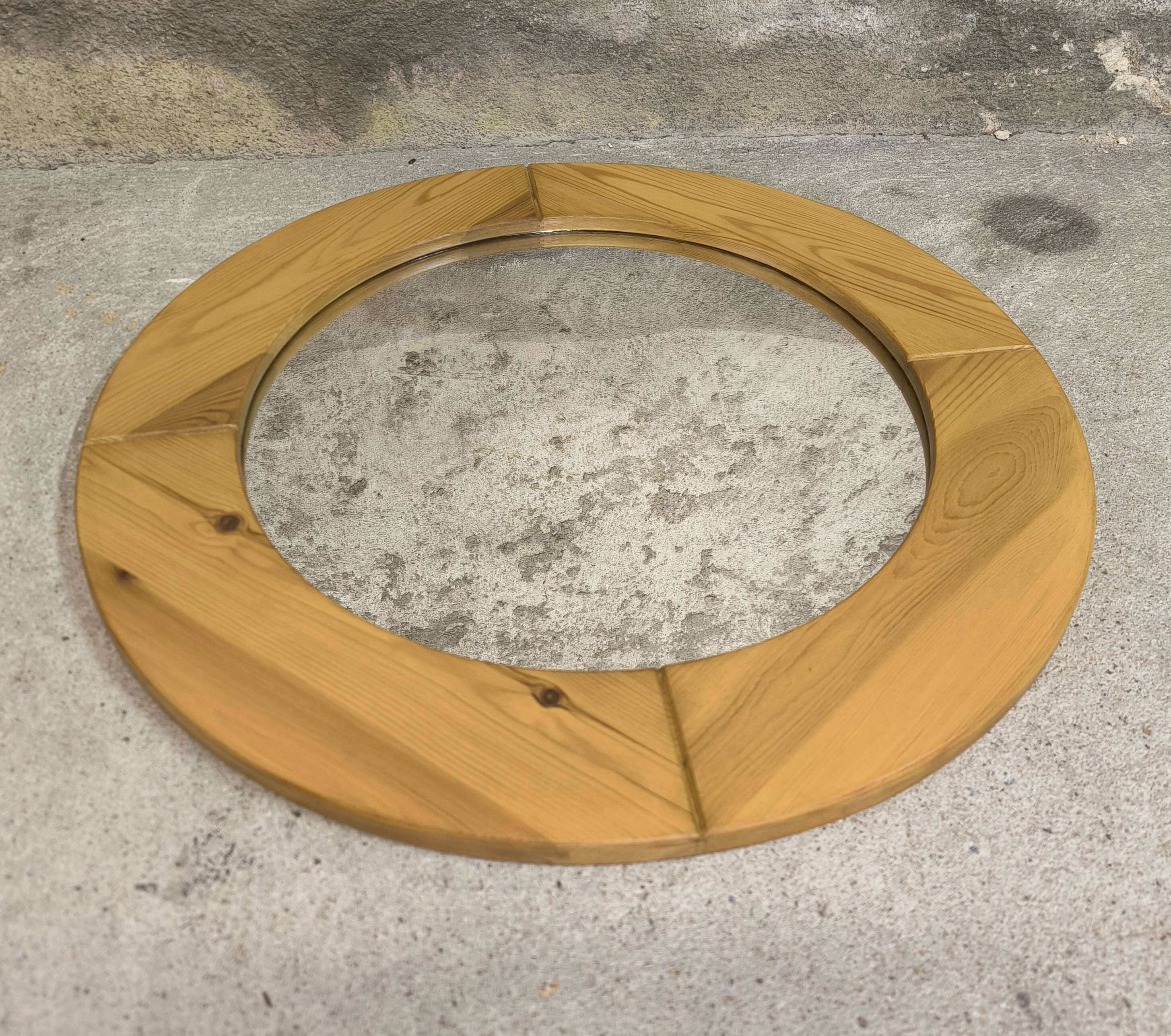 Large round vintage pine mirror