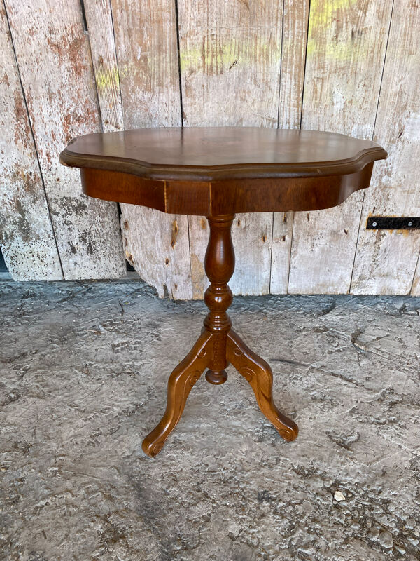 Guéridon Ancien Table Appoint Tripode Bois +  Plateau Marqueterie Vint