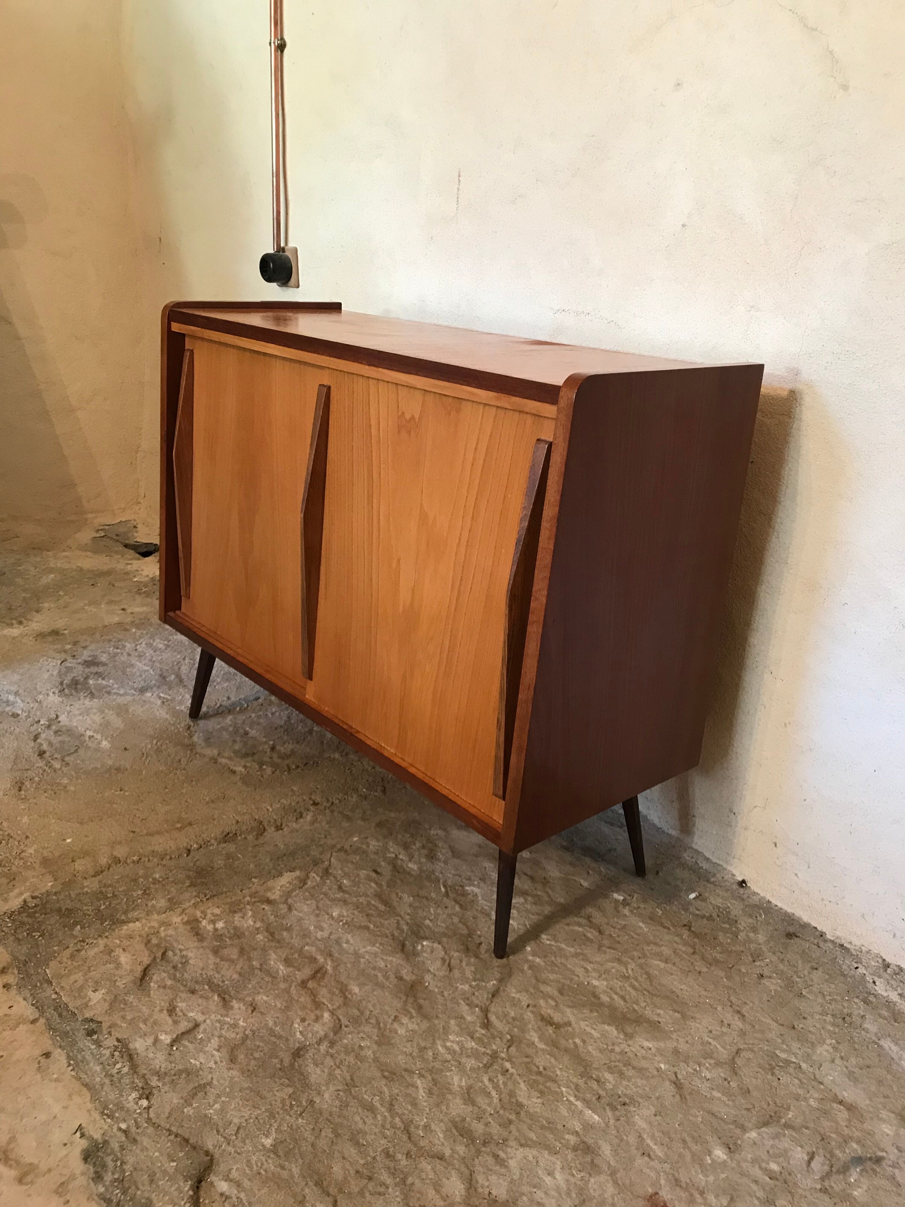 Vintage storage cabinet sliding doors feet compass