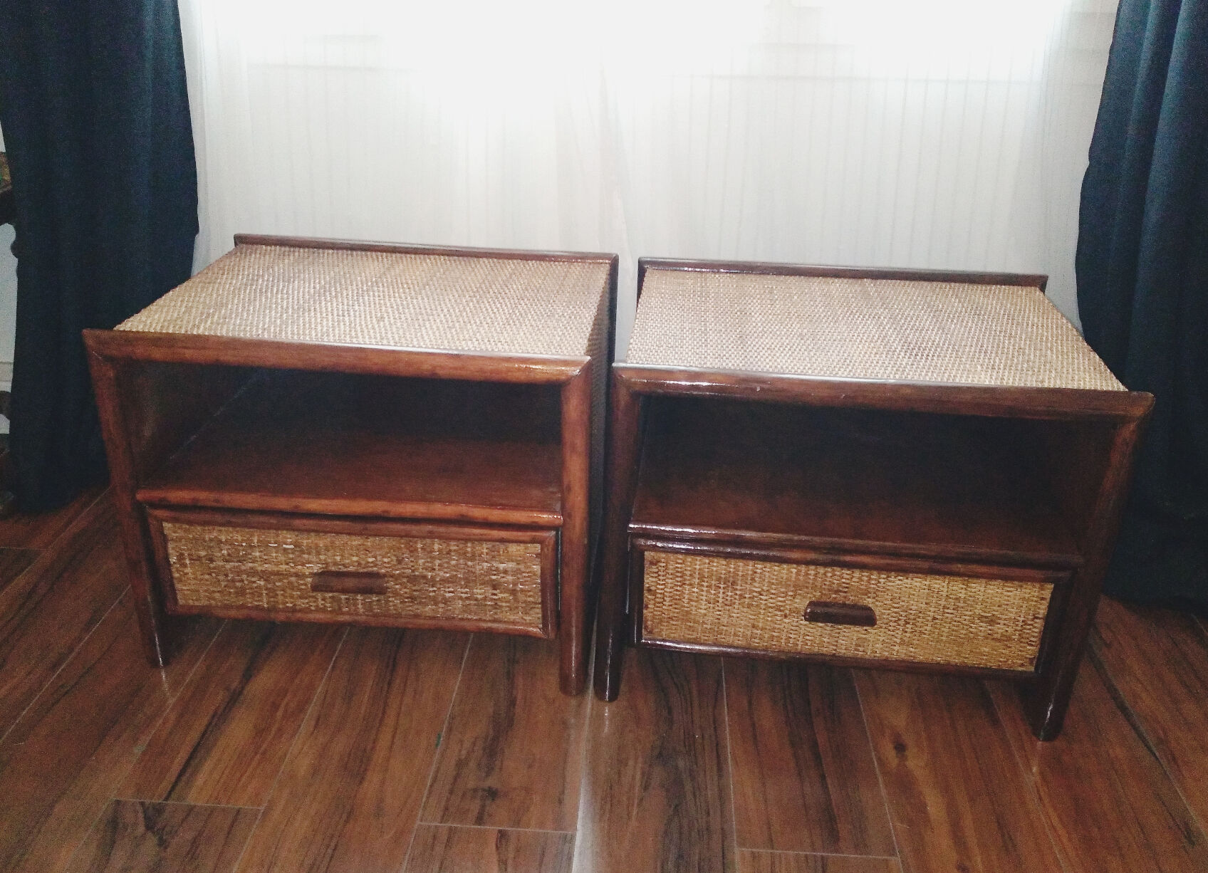 Pair of rattan and bamboo bedside tables, vintage