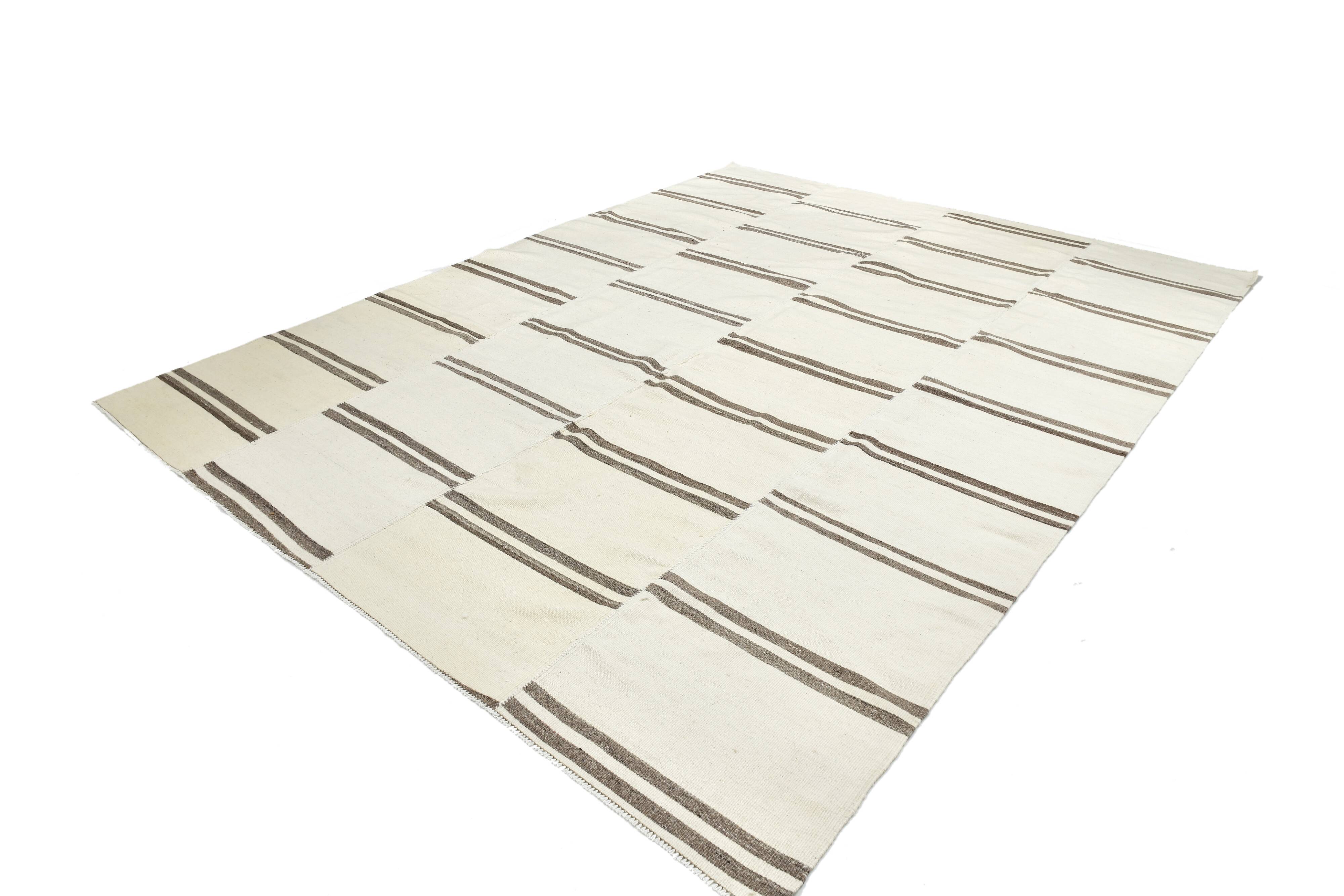 8x10 Large Beige & Brown Striped Pattern Handwoven Kilim Rug, 246x316 Cm