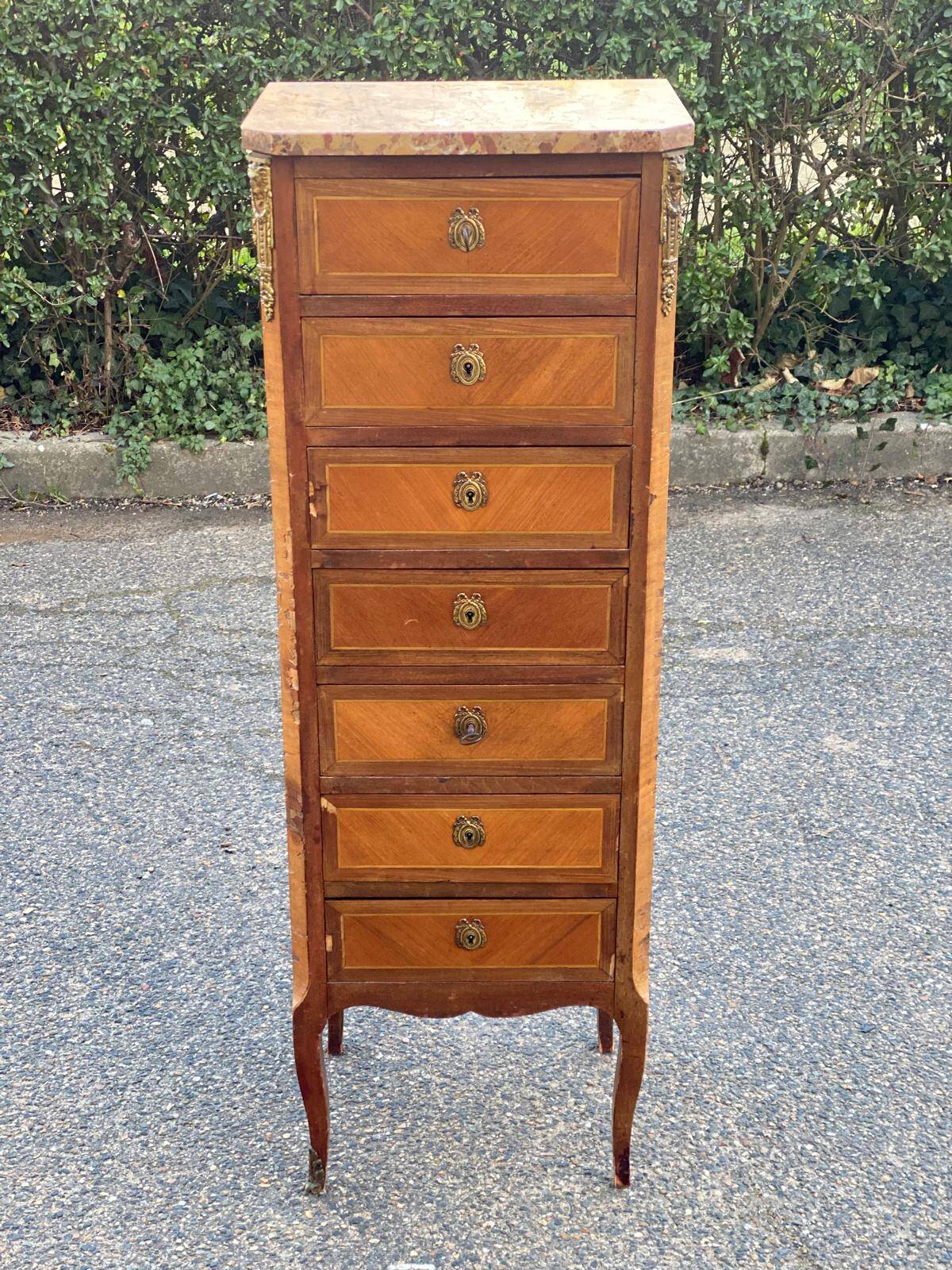 Louis XV transition XVI chest of drawers with 7 drawers in wood and marble