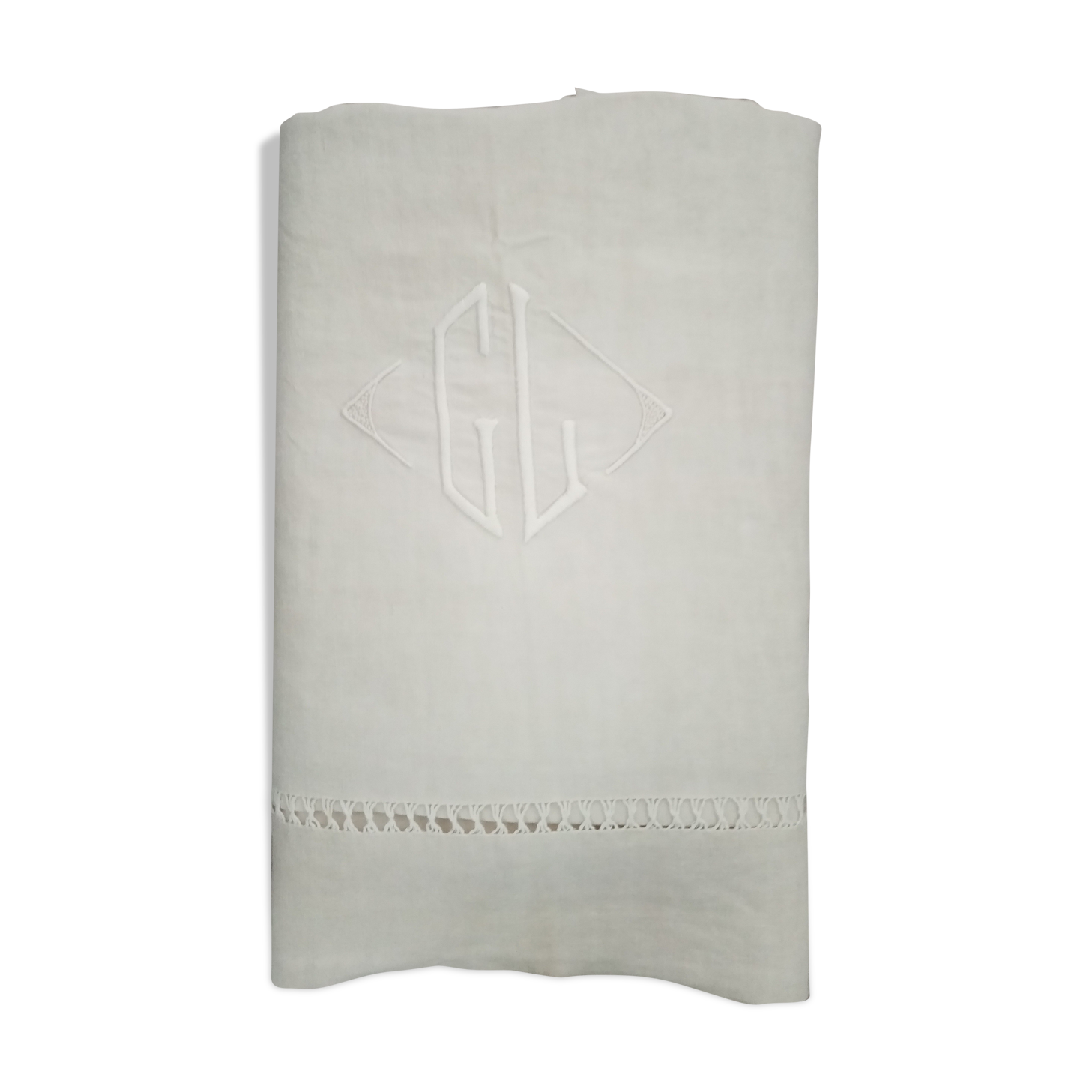 Soft linen sheet Old Embroidered Monogram GL Art deco border day