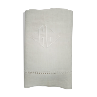 Soft linen sheet Old Embroidered Monogram GL Art deco border day