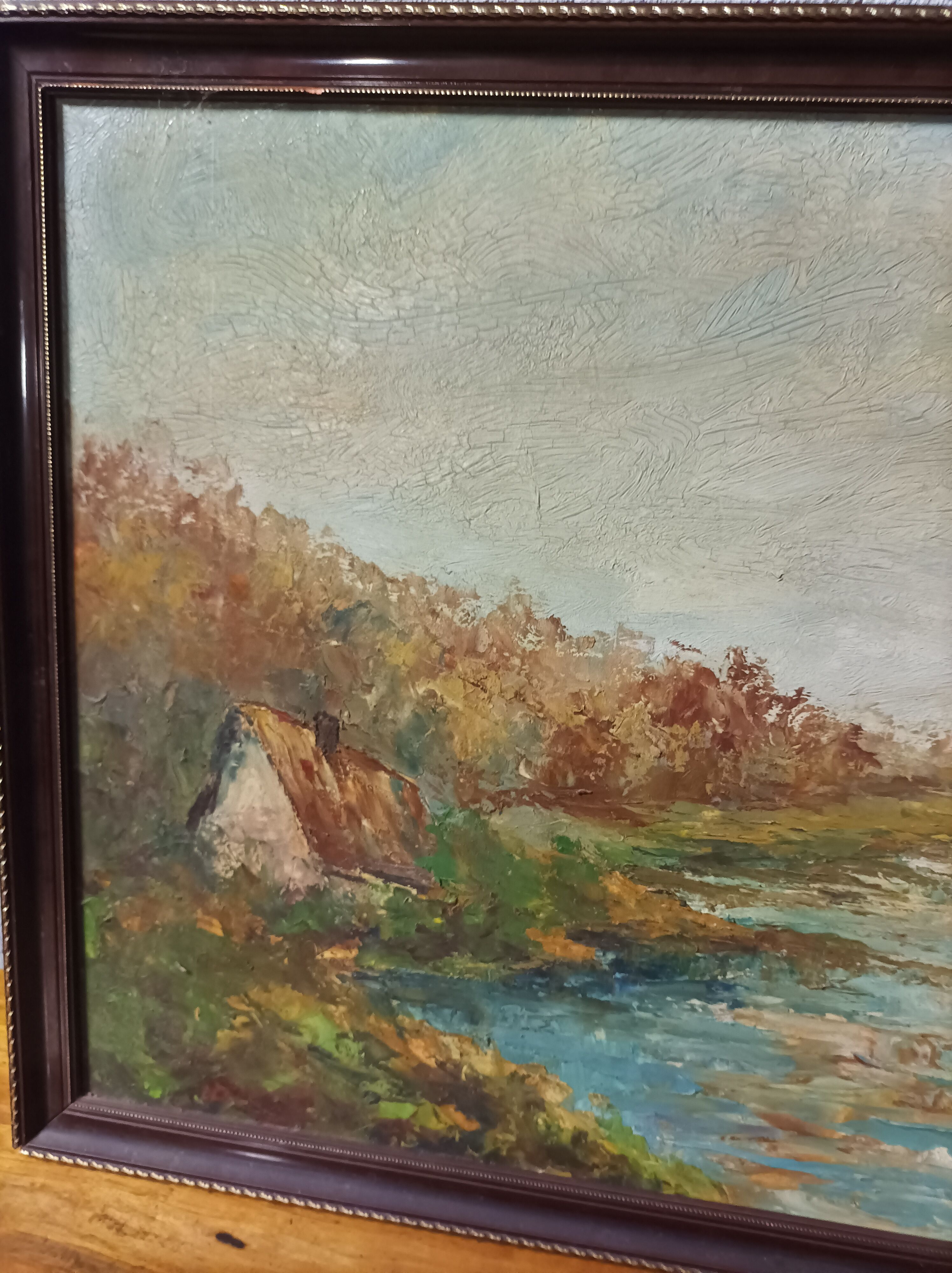 Autumn landscape house on the edge of a pond Oil on panel signed Corelli