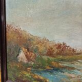 Paysage d'automne maison au bord d'un étang Huile sur panneau signée Corelli