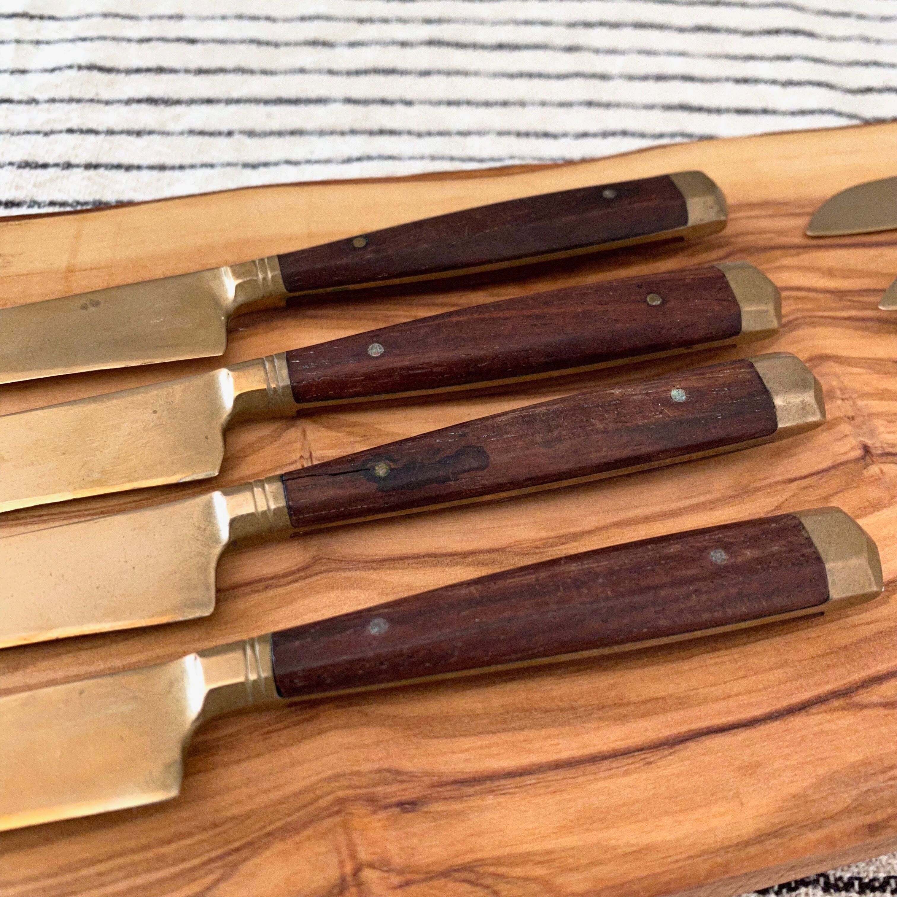 8 Vintage Knives, Antique Fruit Knives, Wooden Knife Set, Brass, Mid Century Cutlery.