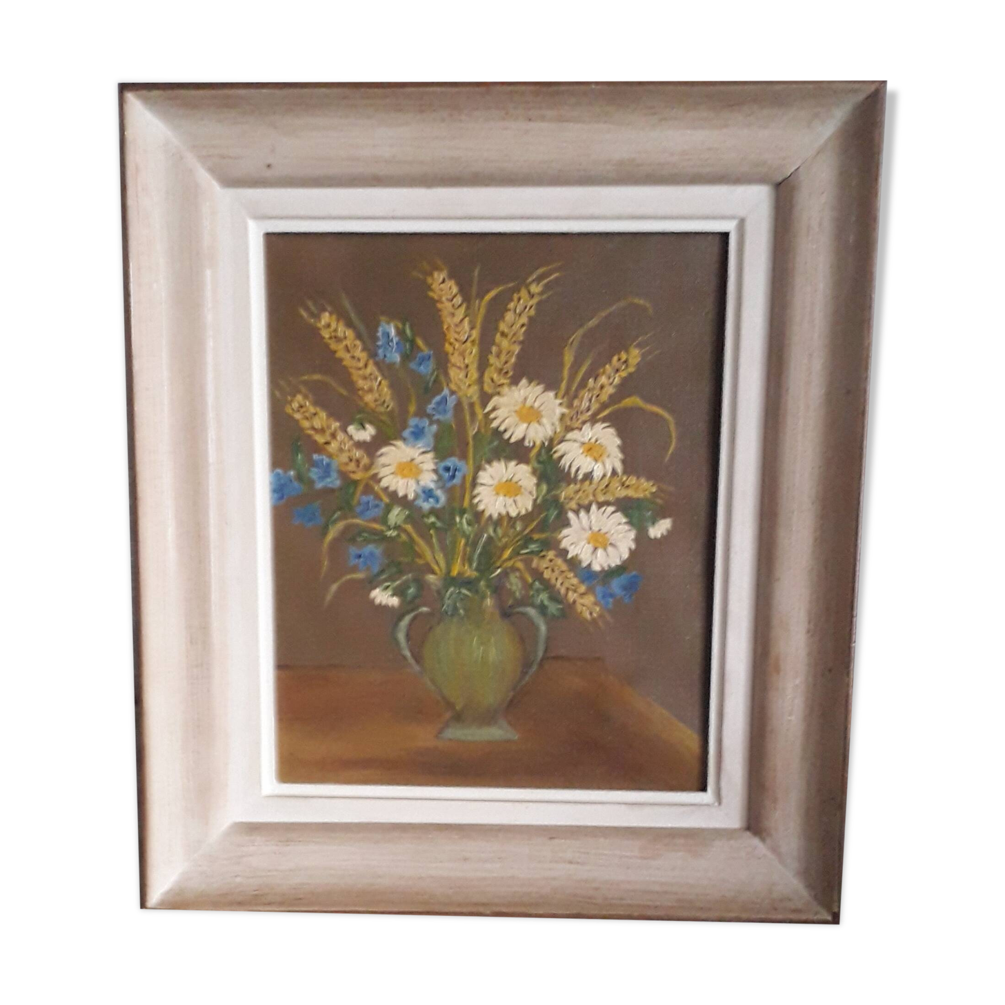 Antique oil painting depicting a bouquet of flowers