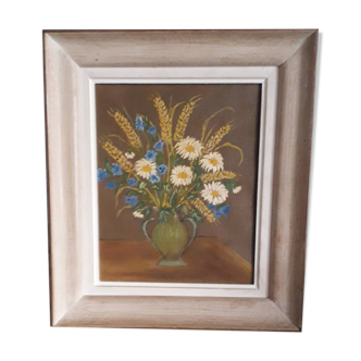 Antique oil painting depicting a bouquet of flowers