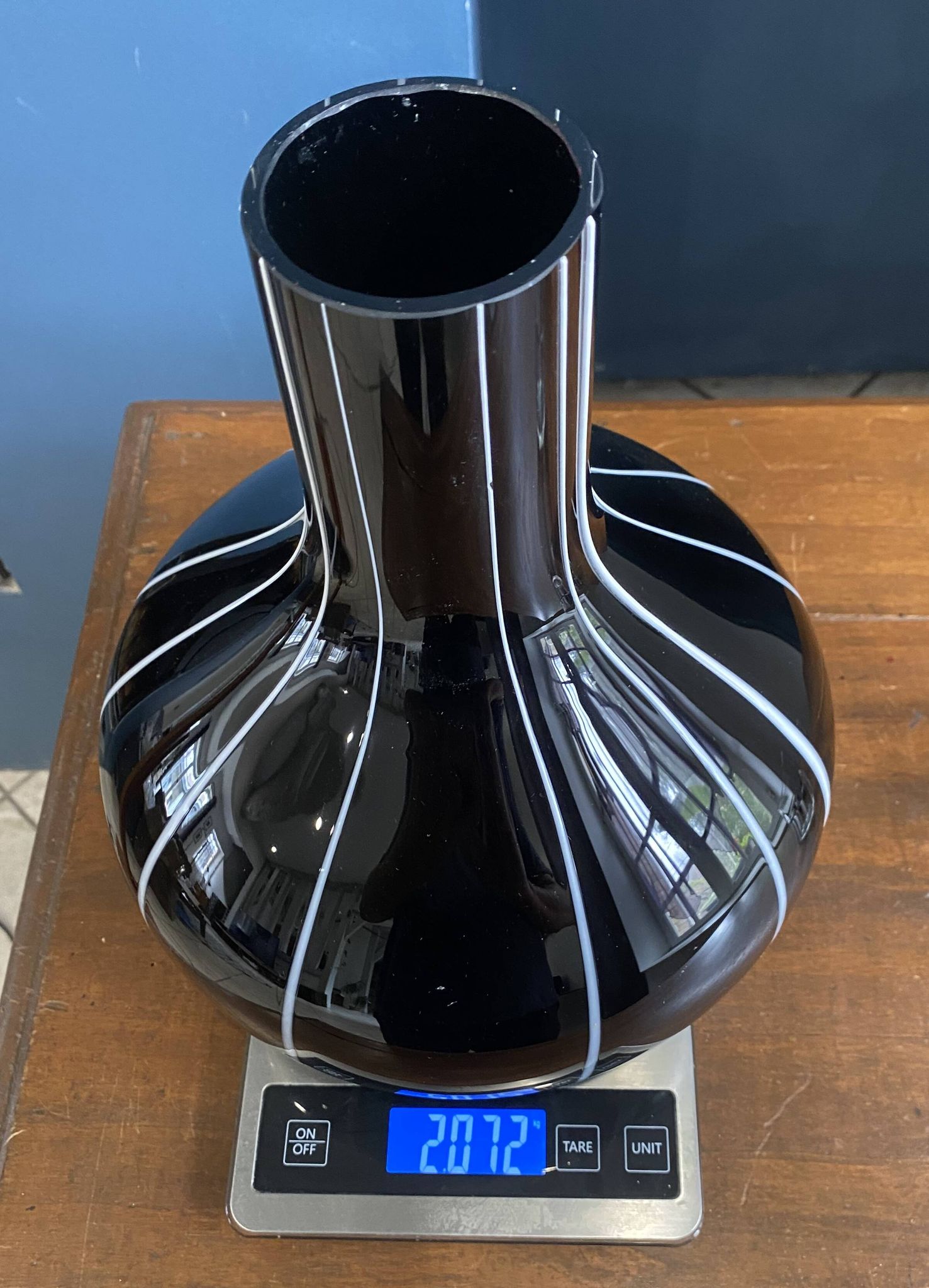 Black glass vase with white stripes, vintage 1950.