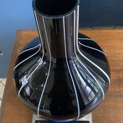 Black glass vase with white stripes, vintage 1950.