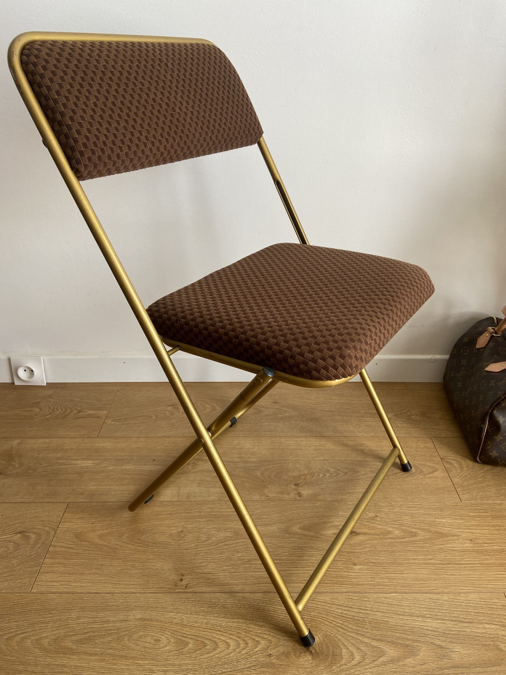 Vintage folding chair lafuma with brown checkered fabric
