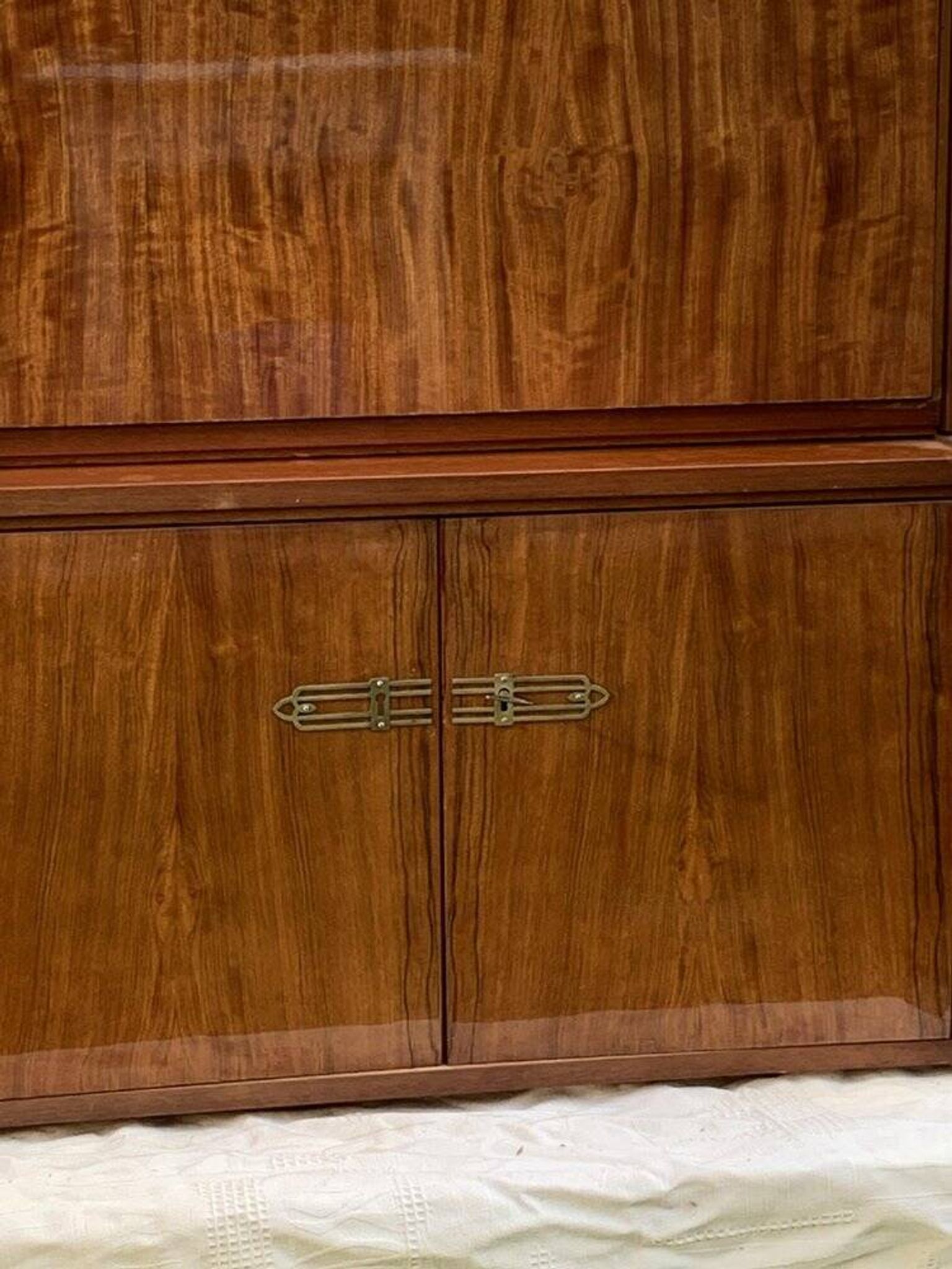 Mid-Century 1960s brown wooden wardrobe with display cabinet, drop-down front and drawers.
