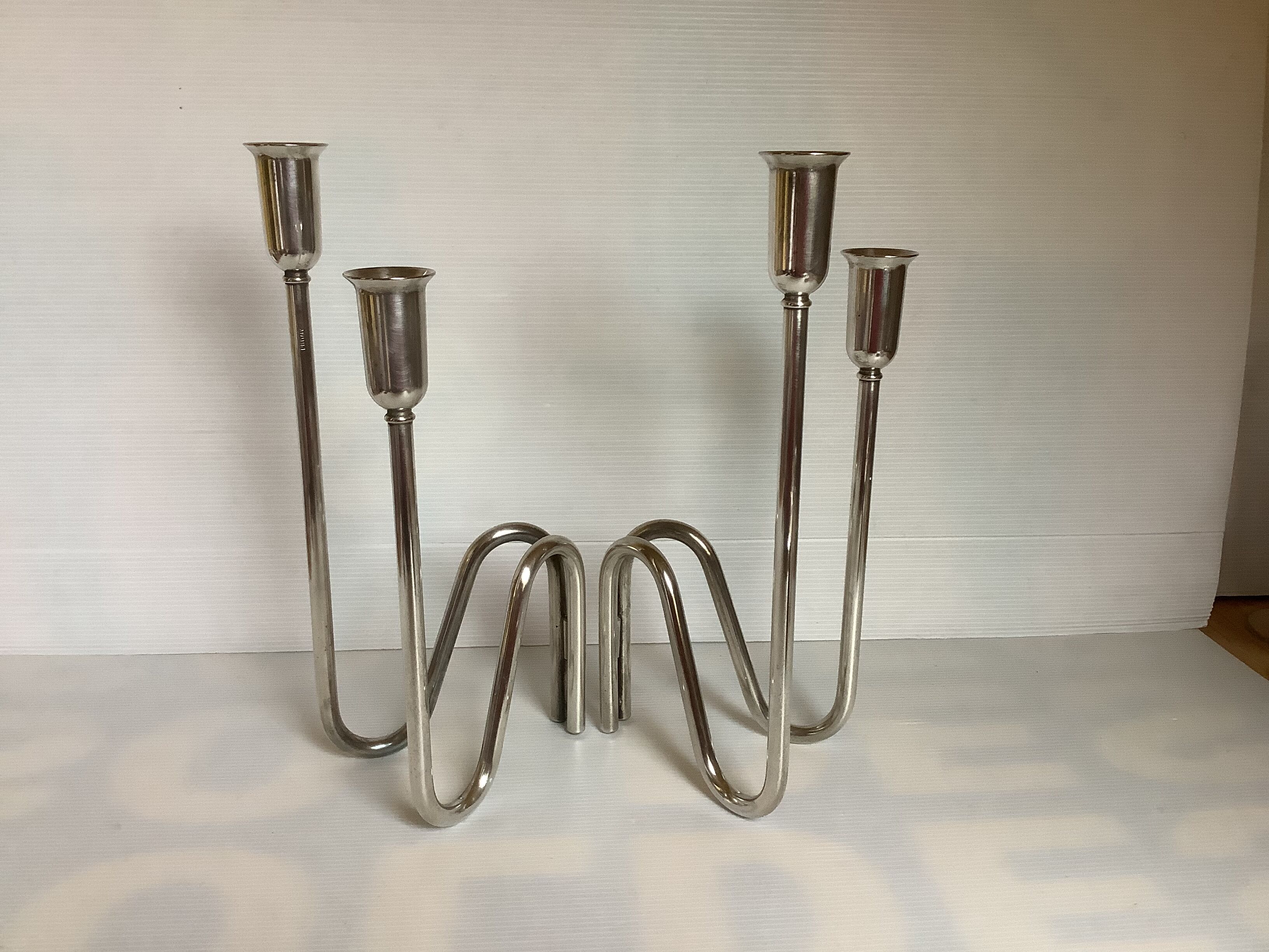 Pair of modernist candle holders silver metal PM Italy