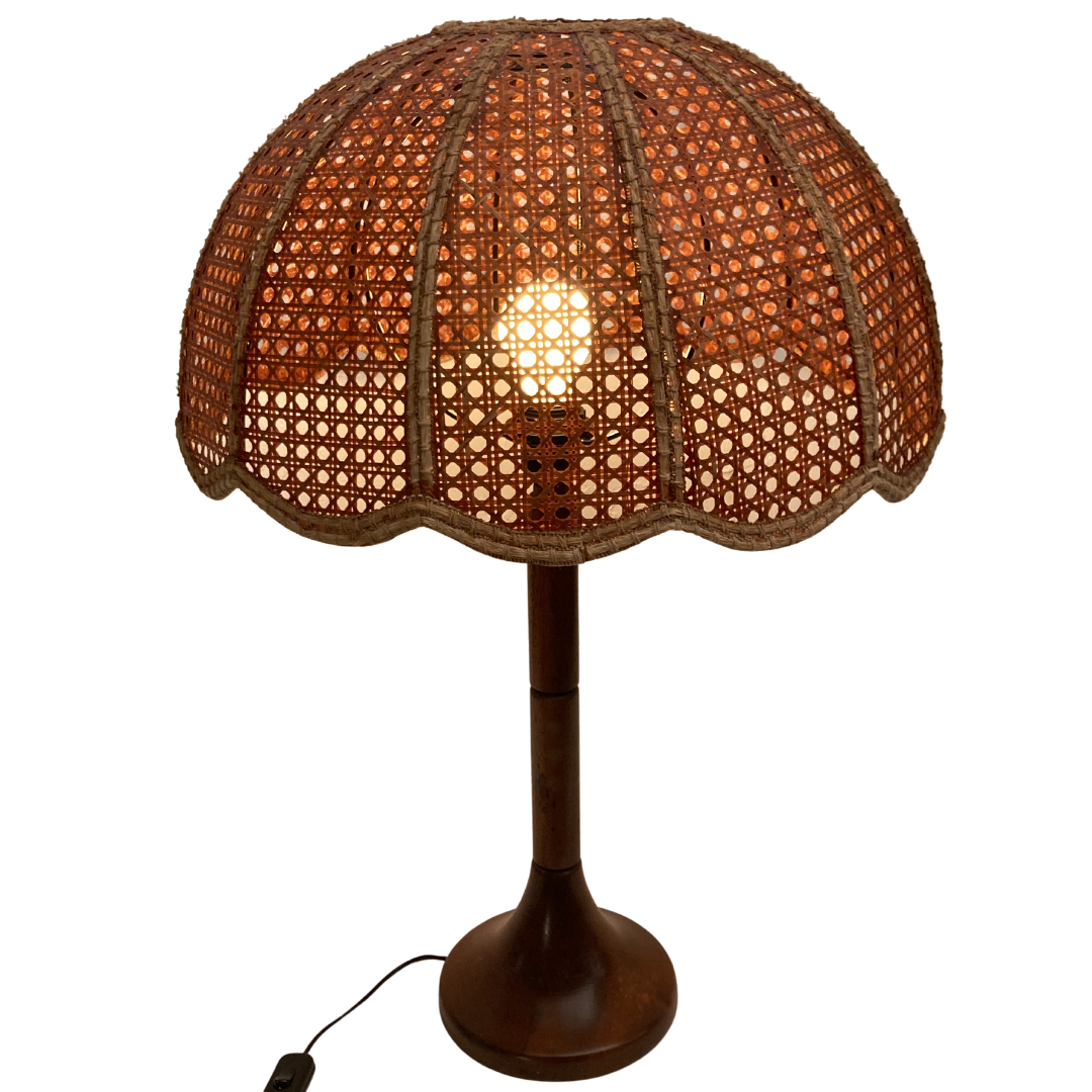 Lampe de table d’abat-jour de champignon en fausse toile de bambou, années 1960