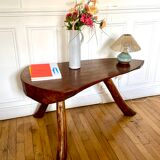 Brutalist tripod coffee table in solid wood, vintage 1960