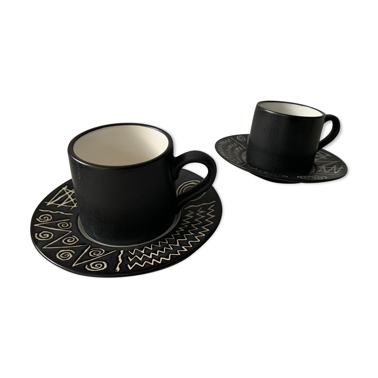 2 cups and 2 subseed scraffito ceramic cups for Habitat Japan, 1970