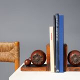 Pair of Art Deco faceted ball bookends in oak with metal decorations