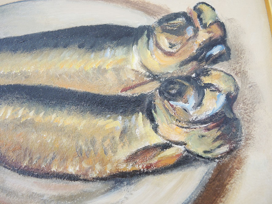 Huile sur bois encadrée et Signée Henri Merlet, 2 harengs saur sur assiette