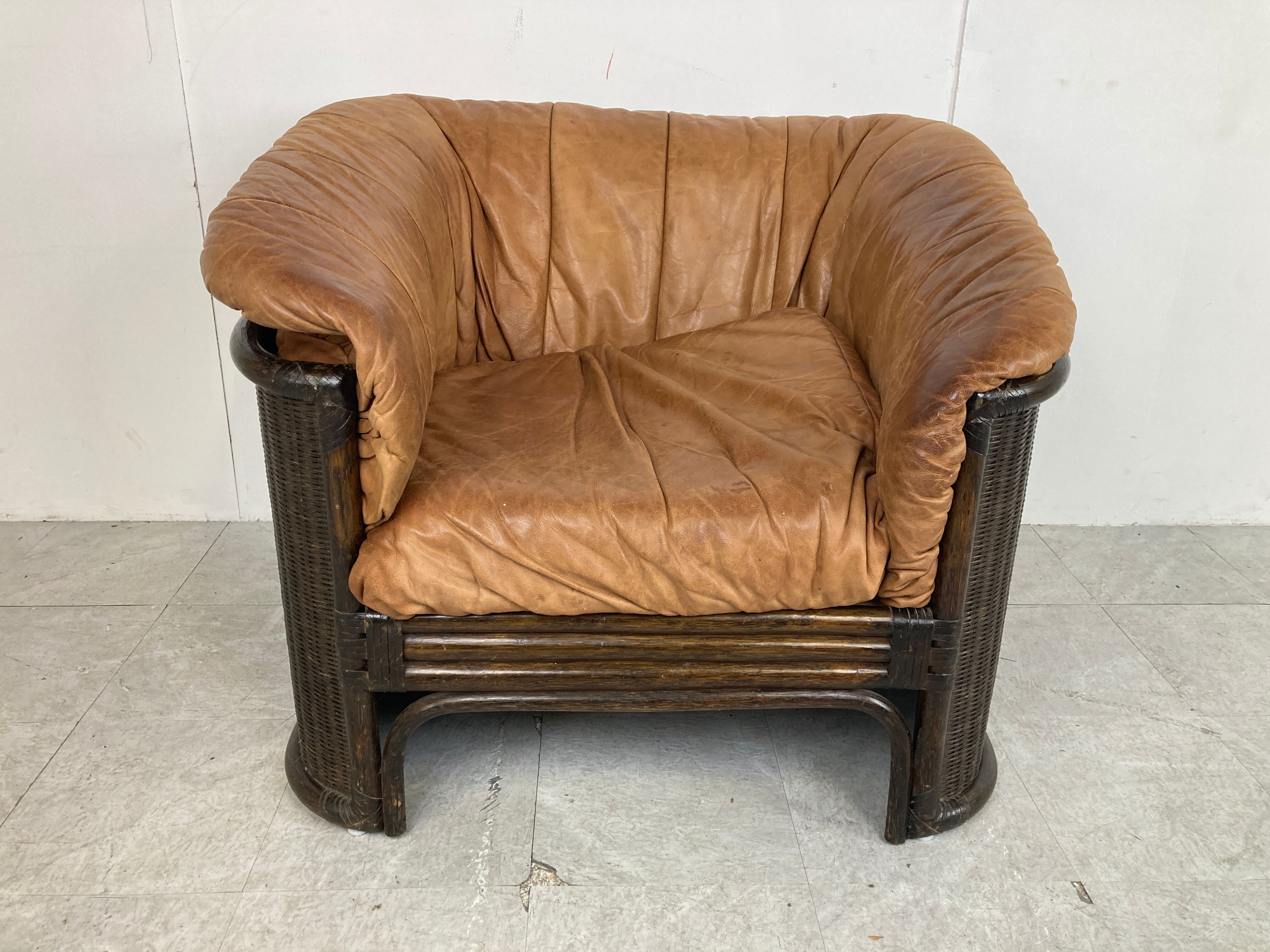 Vintage wicker and leather sofa set 1960s