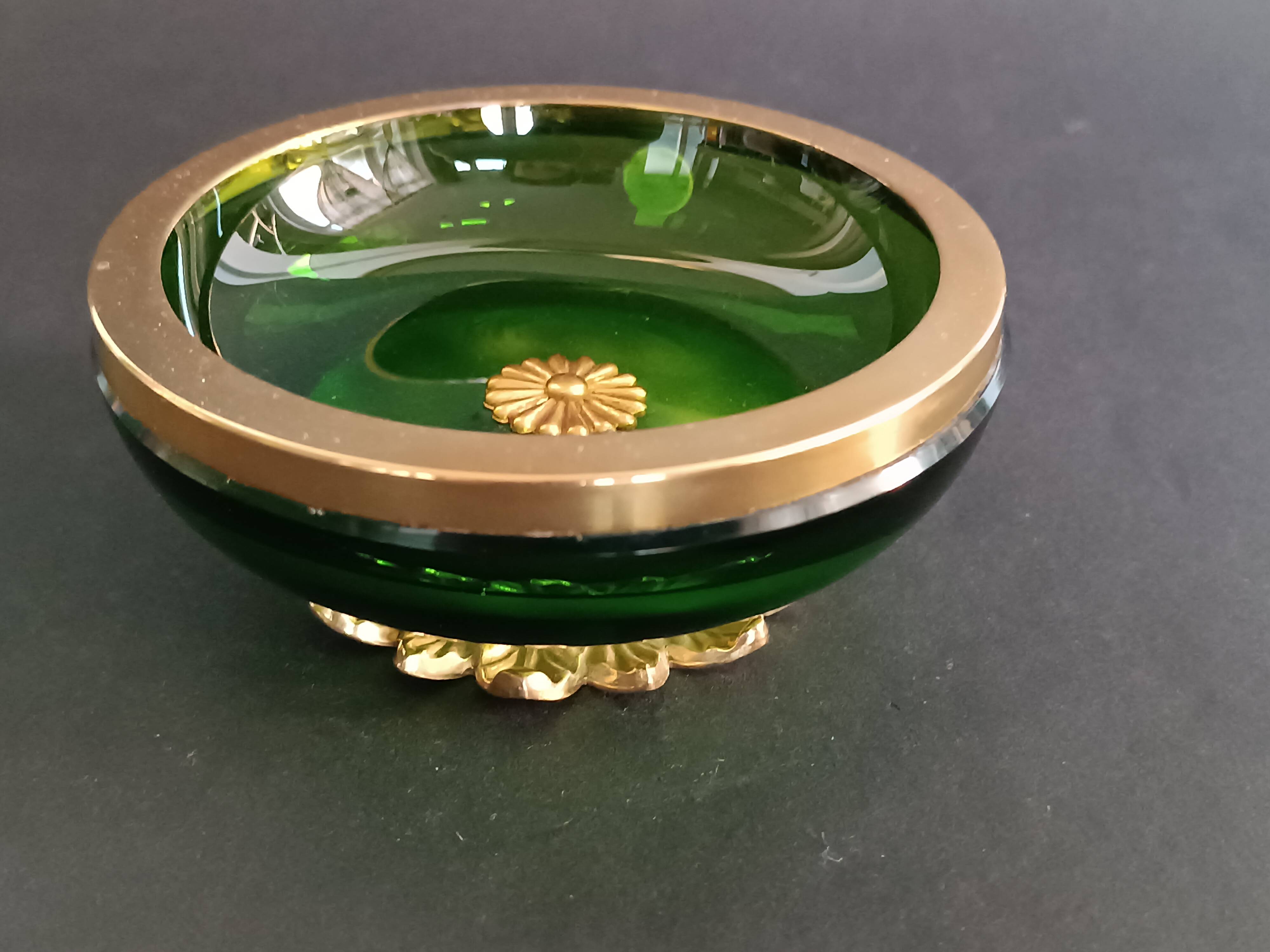Green crystal and gilt brass bowl by Cristal & Bronze Paris
