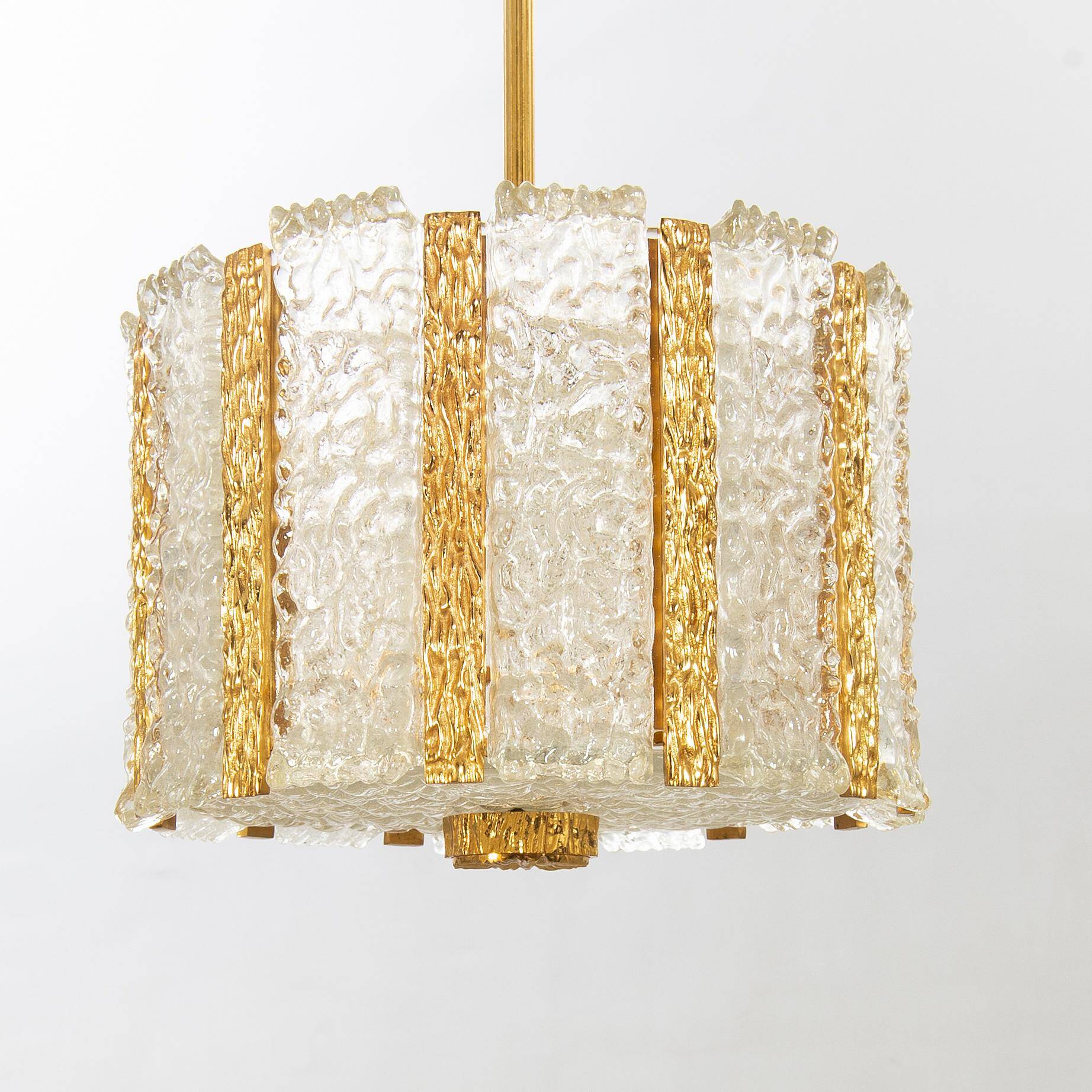 Ceiling light by Carl Fagerlund for Orrefors in brass and cast glass, Sweden 1960.