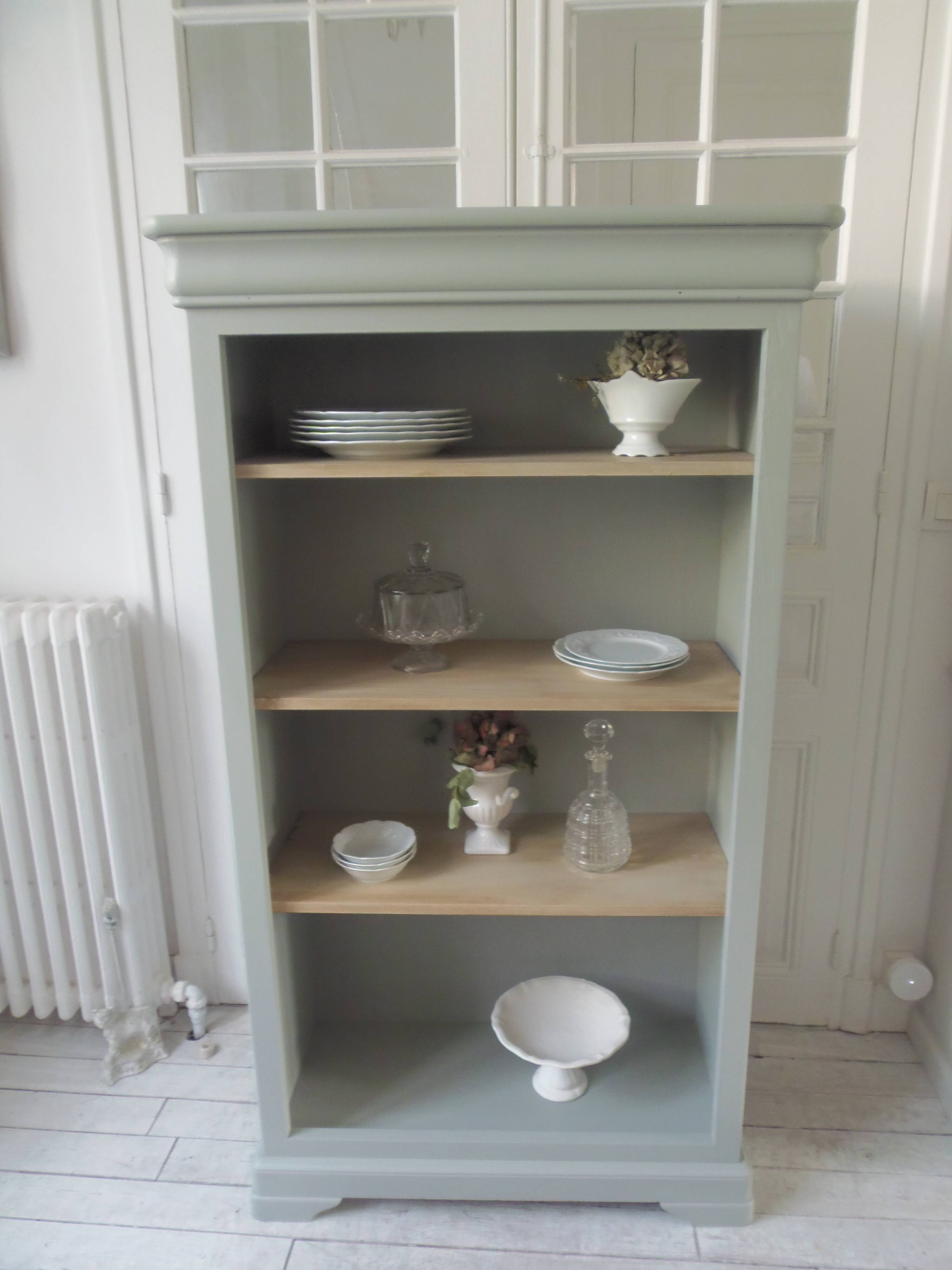 Louis Philippe style bookcase reenchanted in verdigris, 3 light oak waxed shelves.