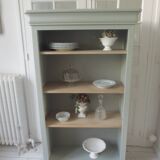 Louis Philippe style bookcase reenchanted in verdigris, 3 light oak waxed shelves.