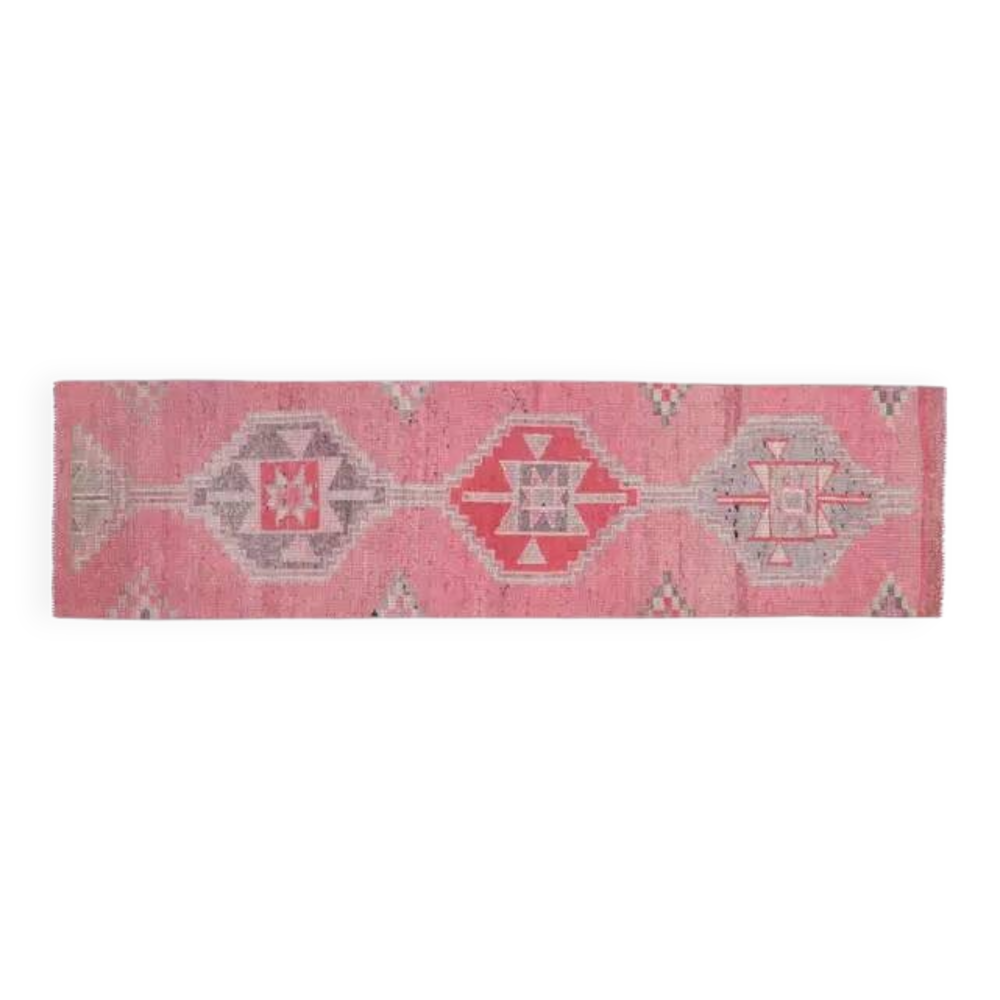 1970s Vintage Turkish Handmade Wool & Cotton Pink Runner Rug 83x307