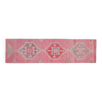 Tapis couloir vintage turc fait main en laine et coton rose des années 1970 83x307