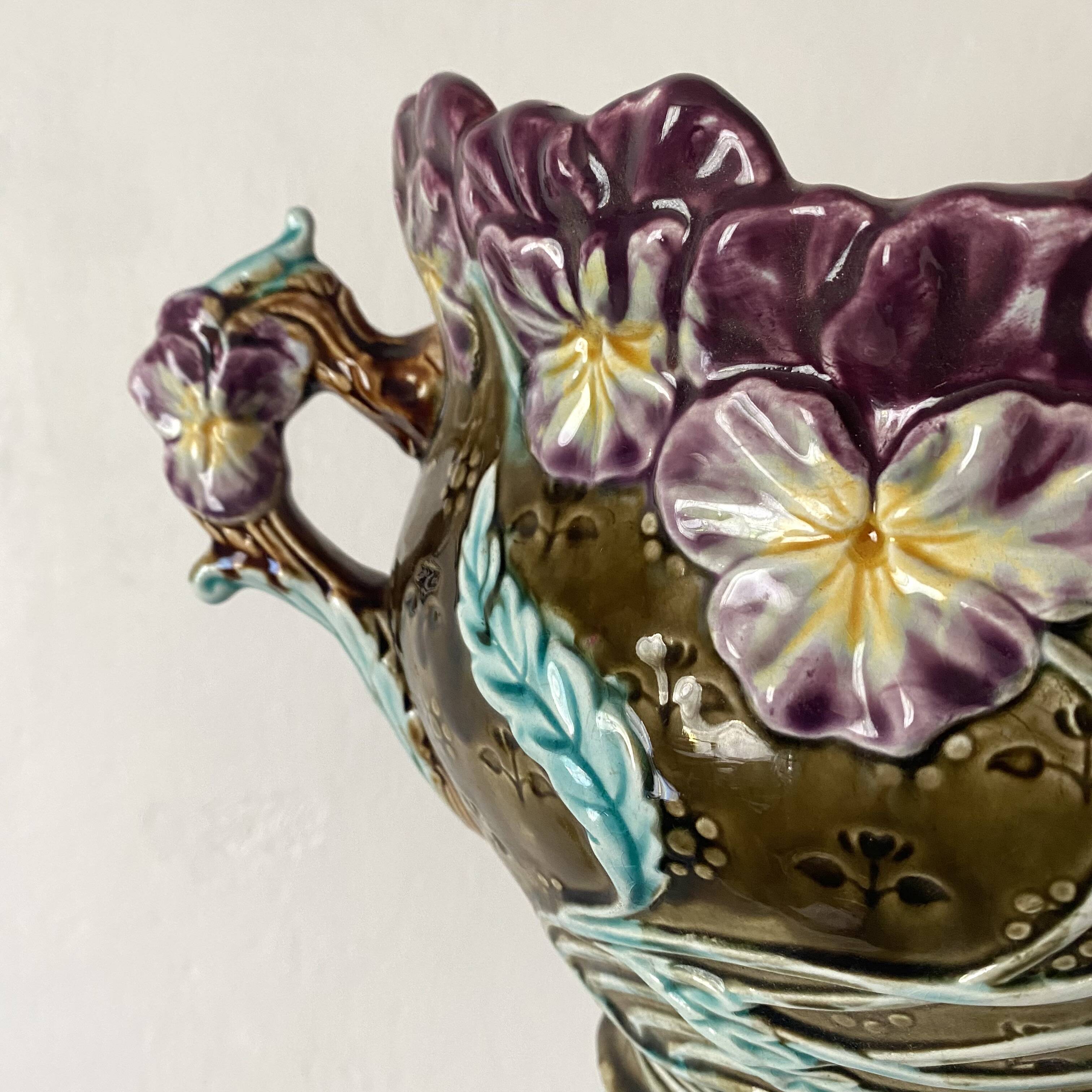 Art Nouveau earthenware cachepot, Onnaing pansies